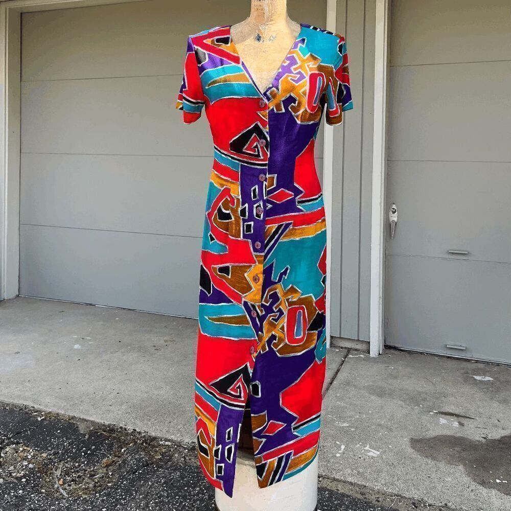 Vintage 80s Dawn Joy Abstract Print Midi Dress - Vibrant Rayon Statement Piece
